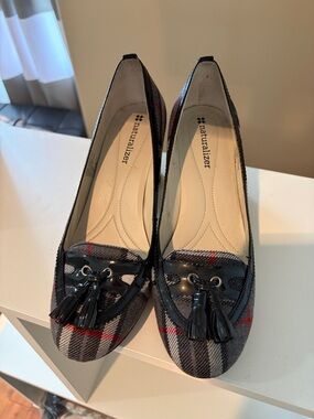 Naturalizer Plaid Tassel Heels in Gray with Red Accents